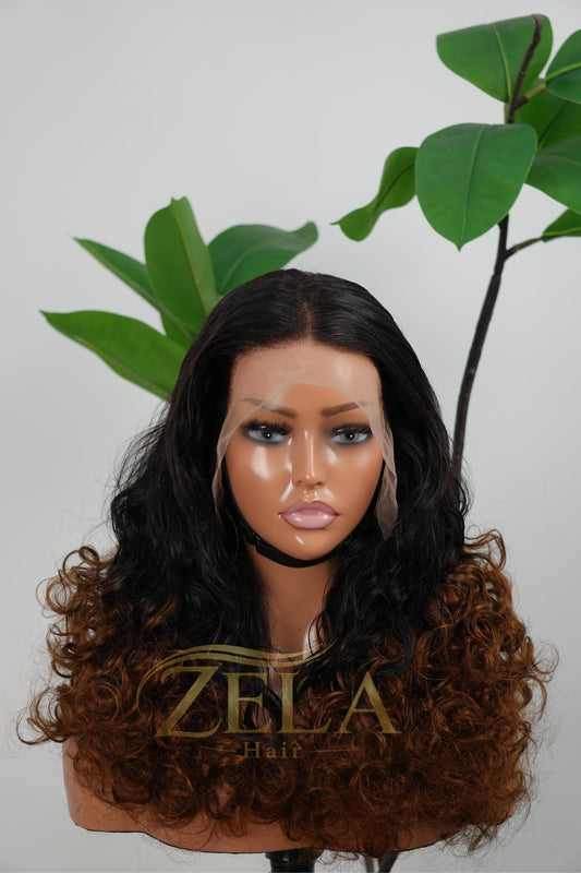 13x4 lace bouncy curly wig 1B/4 blend natural hairline 20 inch human hair