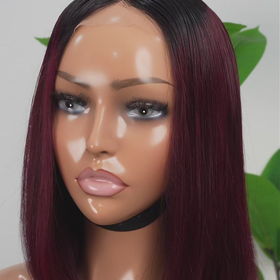 Glueless 5x5 lace closure bob wig deep burgundy 10 inch human hair