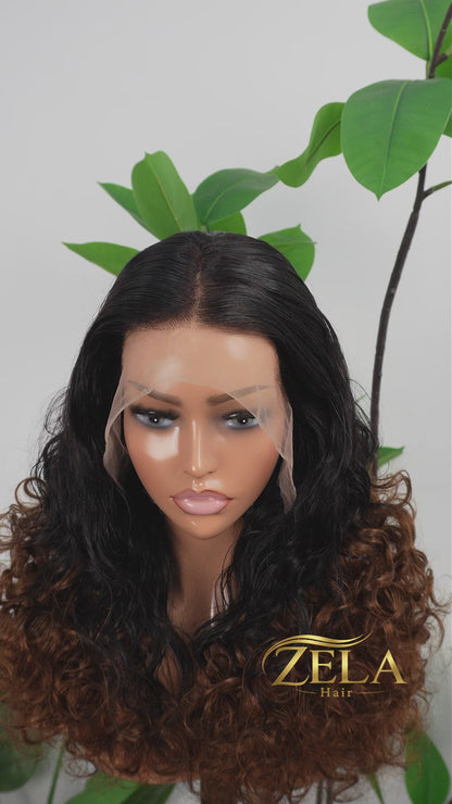 Dimensional black and brown blend curly wig 20 inch 13*4 lace frontal